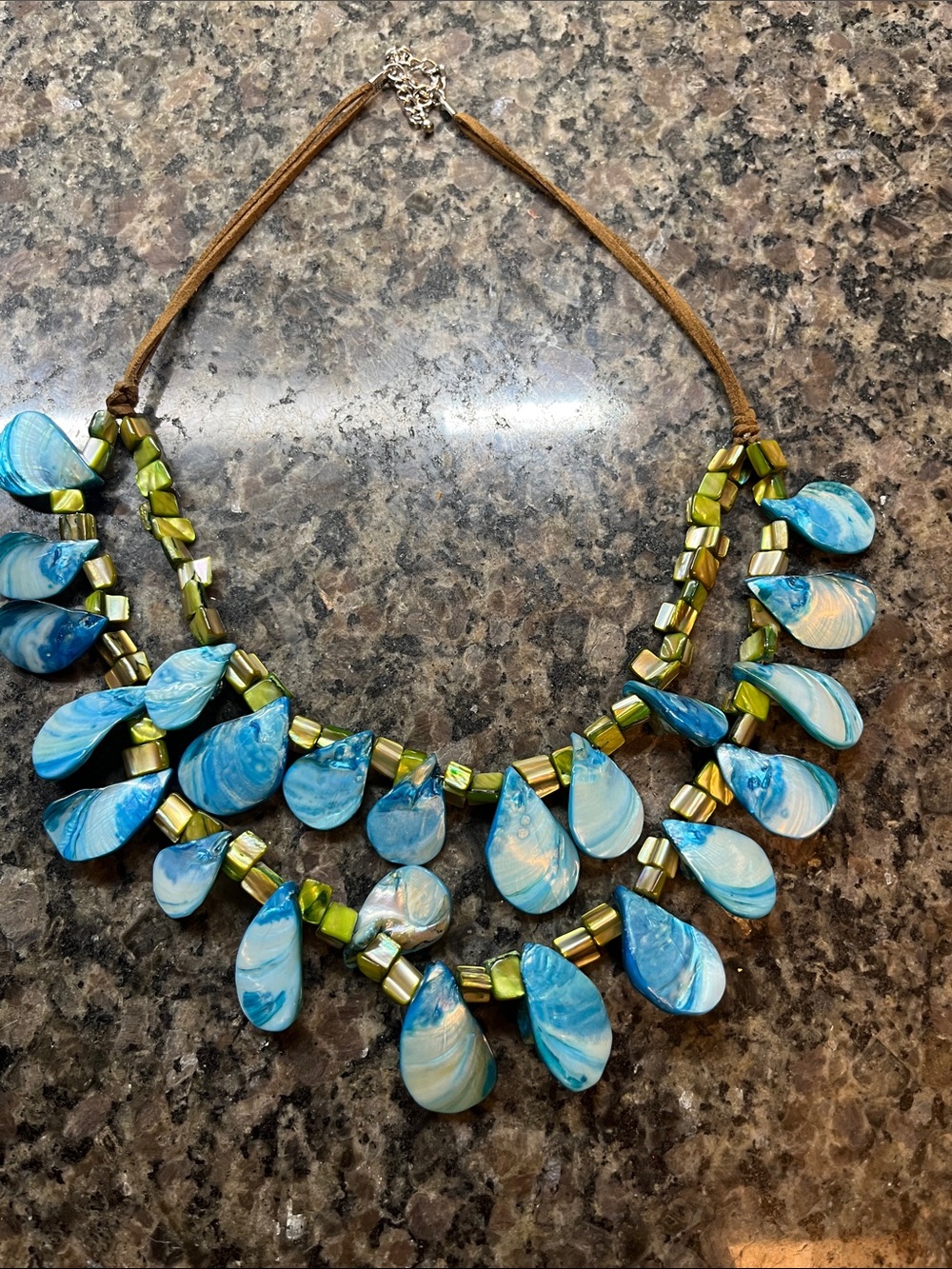 Blue Mother of Pearl Teardrop Statement Necklace with Green Accents